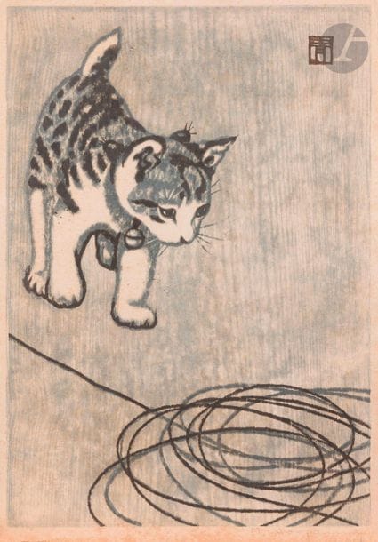 Masaharu Aoyama (Japanese, 1893-1969)
Kitten playing with an unwound ball of wool. Around 1950-1960. Engraved wood. 270 x 390. Colour printing. Nice proof on japanese, signed in pencil in european characters. Scattered freckles. Many handling folds at the edges of the sheet, some broken. All margins. 
