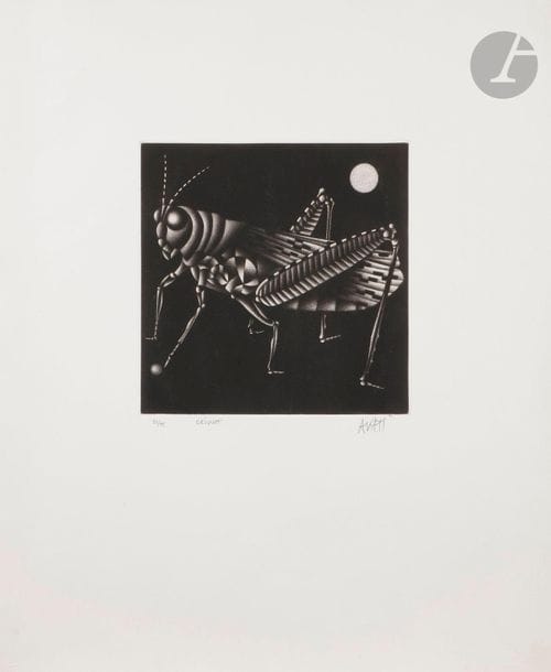 Mario Avati (1921-2009)
Criquet. 1952. Manière noire. 212 x 216. Parfaite épreuve sur vélin, numérotée, titrée, signée et datée au crayon. Toutes marges. Tirage à 75 épreuves. 