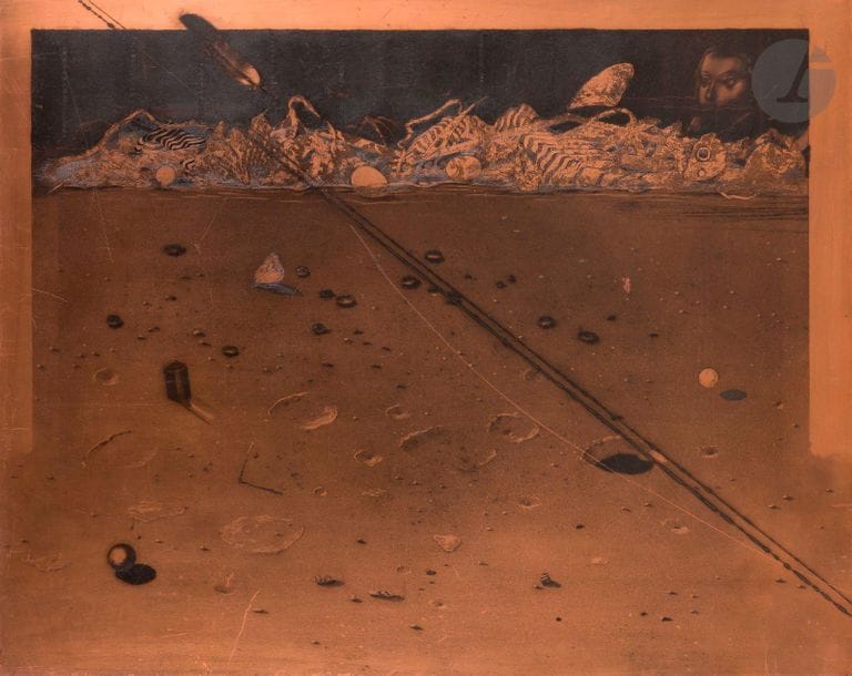 Salvador Dalí (1904-1989) (after)
Surrealist landscape. Engraved copperplate with etchings. 500 x 400. Rounded corners. Stripped with two long strokes across the subject at the dry point. P. Belfond ed. 