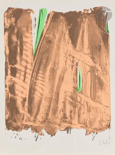 Olivier Debré (1920-1999) 
Signe-paysage. 1985. Lithographie. [555 x 755]. Pernoud 422. Impression en couleurs. Très belle épreuve sur vélin, justifiée « EA » et signée au crayon. Quelques traces de plis et petits enfoncements. Toutes marges. Tirage à env. 120 épreuves. Musée d’art contemporain de Dunkerque éd. 