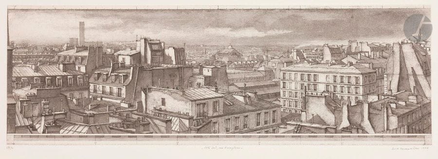 Érik Desmazières (né en 1948)
Côté sud, rue Livingstone. 1996. Eau-forte, aquatinte et roulette. 532 x 180. Fitch 150. Parfaite épreuve sur vélin, numérotée, titrée, signée et datée au crayon. Toutes marges. Tirage à 90 épreuves. 