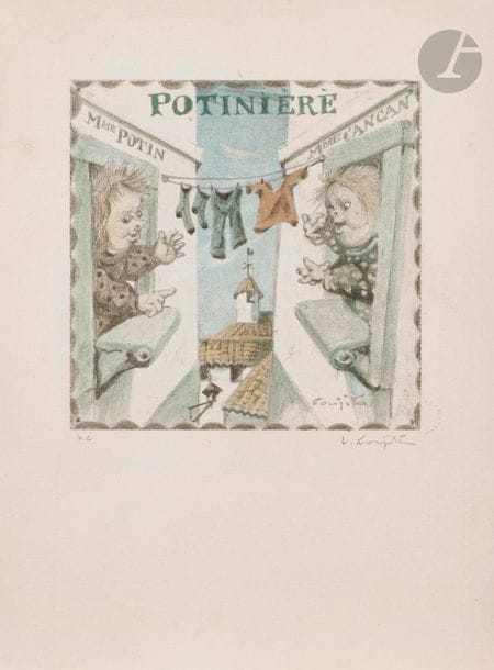 Léonard-Tsuguharu Foujita (1886-1968)
Potinière. (Pl. pour J. Cocteau, La Mésangère, Paris, P. de Tartas, 1963). Bois gravé. 190 x 190. Buisson 63.40. Impression en couleurs. Très belle épreuve sur vélin, justifiée « H.C. » et signée au crayon. Toutes marges. Timbre sec : Pierre de Tartas Paris. 