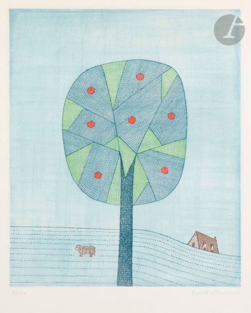 Keiko Minami (japonaise, 1911-2004)
Pommier et mouton. Vers 1980. Eau-forte. 285 x 340. Impression en couleurs. Parfaite épreuve sur vélin, numérotée et signée au crayon. Toutes marges. Tirage à 50 épreuves. 