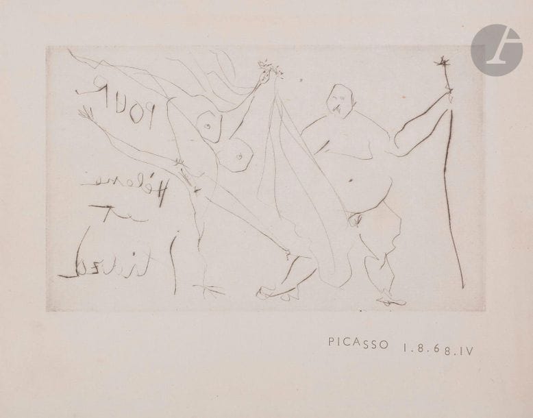 Pablo Picasso (1881-1973)
Pour Hélène et Iliazd. (Faire-part de mariage de Hélène Douard et Iliazd). 1er août 1968. Pointe sèche. 160 x 98. Bloch 1463 ; Baer 1728 B b 2. Très rare épreuve sur chine volant (feuillet simple et non feuillet double), vraisemblablement épreuve d’essai du faire-part  de mariage, portant au recto la gravure sous laquelle se trouve la mention typographiée (probablement par Barnier) : « Picasso 1.8.68. IV » et au verso le texte typographié : « Vallauris Alpes Maritimes Le 31 octobre 1968 / Hélène Douard et Iliazd / sont heureux de vous faire part de leur mariage / Electra Golfe Juan Trigance Var » (sur les faire-part envoyés, ce texte se trouvait en vis-à-vis de la gravure sur un feuillet double). Infimes plis aux bords du feuillet. Infime déchirure au bord gauche. Joint : enveloppe portant une grande étiquette « Fragile » en beige sur fond bleu, possiblement d’origine. Très rare.
 Ilia Zdanevitch, dit Iliazd (1894-1975), est un poète, historien d’art et éditeur russe, d’origine géorgienne. Il édita 25 livres d’artiste, illustrés par les artistes majeurs de l’art moderne. C’est à Vallauris qu’il connut la céramiste Hélène Douard-Mairé, qui devint sa troisième épouse. Le 31 octobre 1968, leur mariage fut célébré à Vallauris. Leurs témoins furent l’écrivain Georges Ribemont-Dessaignes et Pablo Picasso (représenté par son épouse Jacqueline).
Peu de ces faire-part ont survécu : sur les 70 tirés, une cinquantaine fut envoyée. Une douzaine resta chez Iliazd. 