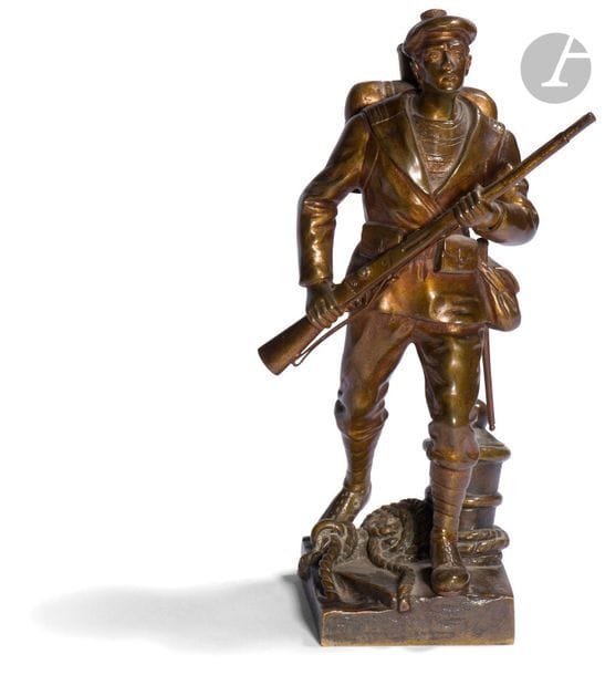CARLIER (d’après), école française
Fusillier marin au combat
Sujet en bronze marqué sur la terrasse. 
Hauteur : 22 cm
On y joint un coupe-papier dont la poignée est ornée d’un marin dont la rame forme la lame. 
B.E.