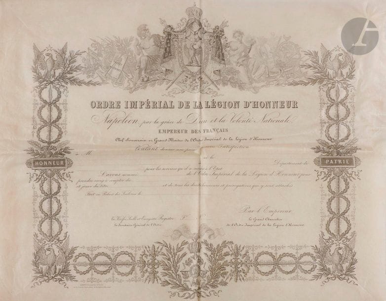 FRANCE 
Ordre de la Légion d’honneur 
Brevet de l’ordre sur vélin, à encadrement par Campan. 
Vierge, non rempli, non signé. 
39 x 49 cm
B.E.