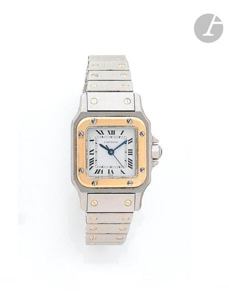 CARTIER Santos. Vers 1990
N° 090219151
Montre bracelet pour femme en or 18K (750) et acier, cadran blanc, index chiffres romains formant les heures, mouvement mécanique à remontage automatique, bracelet en or et acier avec sa boucle déployante signée.
Cadran, boîtier et mouvement signés.
Diamètre : 24 mm
Poids brut : 60,3 g