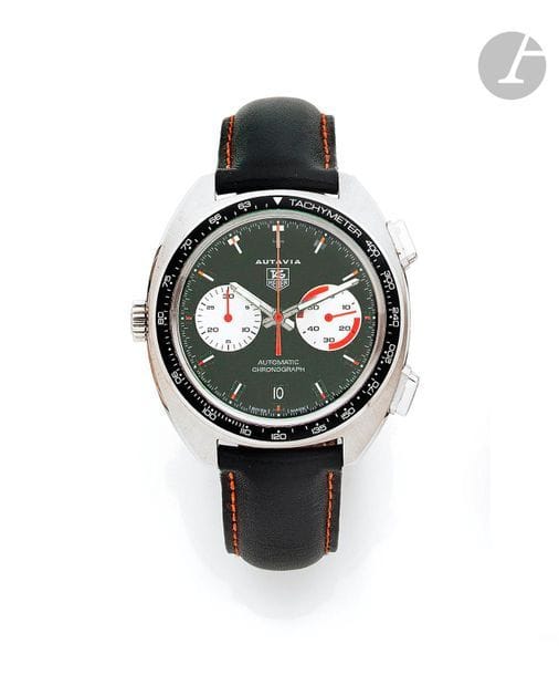 TAG HEUER Autavia Ref CY 2111
N° TF 6512
Montre bracelet pour homme en acier de type chronographe, cadran noir index bâtons appliqués formant les heures, compteur totalisateur 30 minutes, trotteuse à 3H, date par guichet à 9H, mouvement mécanique à remontage automatique, bracelet cuir avec sa boucle déployante en acier signée.
Cadran, boîtier et mouvement signés.
Diamètre : 43 mm