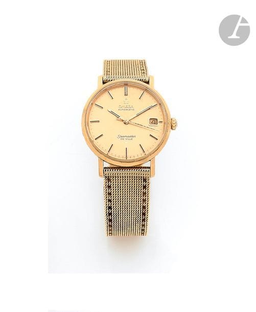 OMEGA Seamaster De Ville. Vers 1960
N° 16663020
Montre bracelet pour homme en or 18K (750), cadran doré, index bâtons appliqués formant les heures, date par guichet à 3H, mouvement mécanique à remontage automatique calibre 562 N° 22760073, bracelet en or avec sa boucle ardillon signée.
Cadran, boîtier et mouvement signés. 
Diamètre : 34 mm
Poids brut : 81,2 g