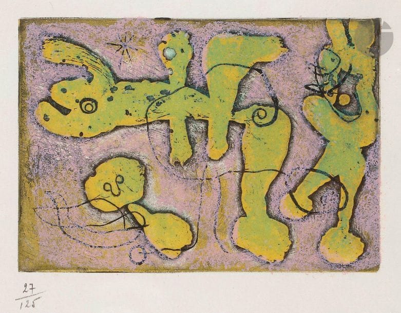 Joan Miró (1893-1983)
Pl. pour « Trois Livres de poèmes illustrés par Miró » - sujet pour A. du Bouchet, « La Lumière de la lame », 1962
Eau-forte et aquatinte en couleurs. 
Épreuve sur vélin, numérotée au crayon, du tirage à 85 épreuves sur vélin. Tirage total à 125 épreuves. 
À vue : 13,8 x 19,5 cm.
Cadre.

Bibliographie :
Dupin 321 ; Cramer 77 (repr. p. 214).