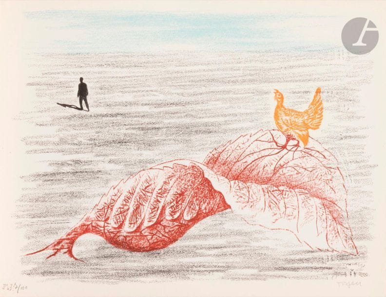 Toyen (Marie Cermínová, dite) (tchèque, 1902 -1980)
Paysage surréaliste (pl. pour le portefeuille « Brunidor II »), 1947-1952
Lithographie en couleurs.
Épreuve sur vélin, numérotée et signée au crayon. Tirage à 100 épreuves. R. Altmann éd.
32,5 x 42 cm.