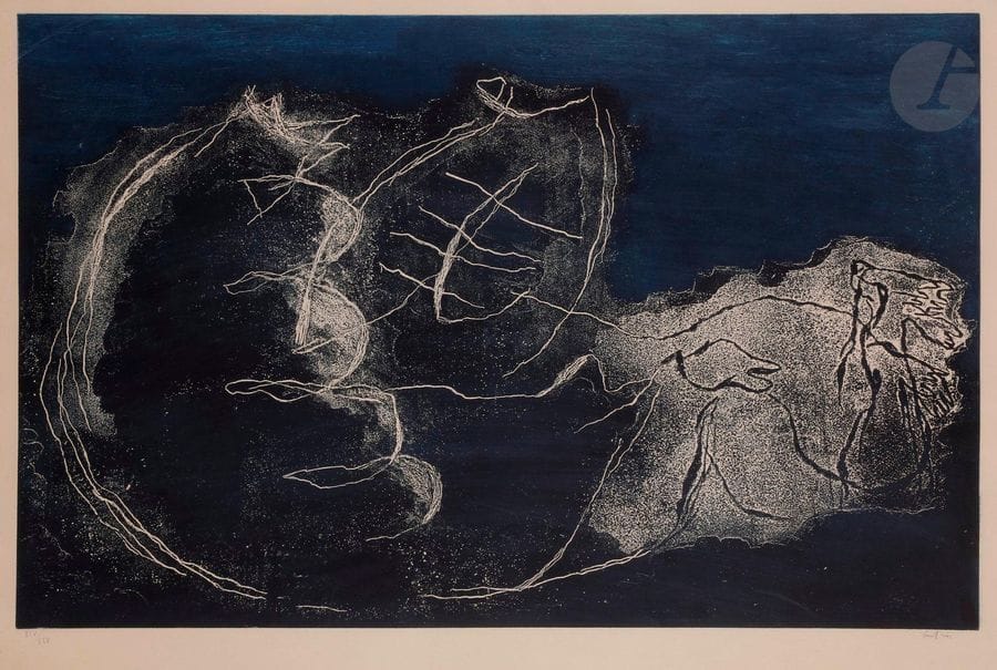 Jean Fautrier (1898-1964)
Femme dans la nuit, 1947
Eau-forte et aquatinte.
Impression en bleu nuit et noir. 
Épreuve sur vélin teinté beige, l’une des 25 numérotées en chiffres romains et signées au crayon. Tirage définitif à 50 épreuves. Éd. Couturier.
63,5 x 90,5 cm.
Cadre.

Bibliographie :
Mason 203.