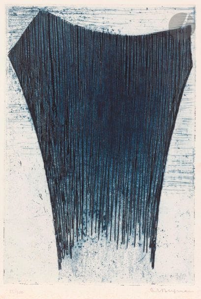 Anna-Eva Bergman (Norwegian, 1909-1987)G 20B-1958 the North, 1958Strengthening in blue. 
Proof printed on the 3rd page of a completed vellum page for the catalogue of an exhibition of the artist at the Galerie de France, numbered and signed
in pencil. Edition of 300 proofs. Light 

freckles sowing

. Traces of folds. 33 x 25 cm. Bibliography
:Duris (cat. Hartung-Bergman Foundation
) 102
Provenance


:Gaston Diehl (1912-1999), historian and art critic

.
