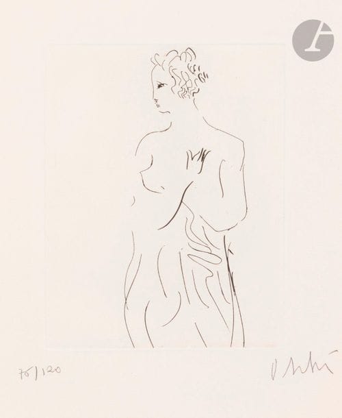 Olivier Debré (1920-1999)
Femme à la draperie
Eau-forte. 
2 épreuves du même sujet sur vélin, numérotées et signées au crayon. Tirage à 120 épreuves. 
Traces de plis souples aux bords du feuillet et petites salissures (traces de doigts) à une pl.
38 x 28 cm.

Bibliographie :
Pernoud non décrit.
