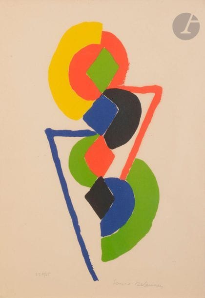 Sonia Delaunay-Terk (1885-1979)
Joker, 1959
Lithographie en couleurs. 
Épreuve sur vélin, l’une des 25 justifiées « H.C. » et numérotées, signée au crayon. 
Légère oxydation du feuillet. Plusieurs traces de plis médians, certains cassés. 
À vue : 58,5 x 43,5 cm.
Cadre.