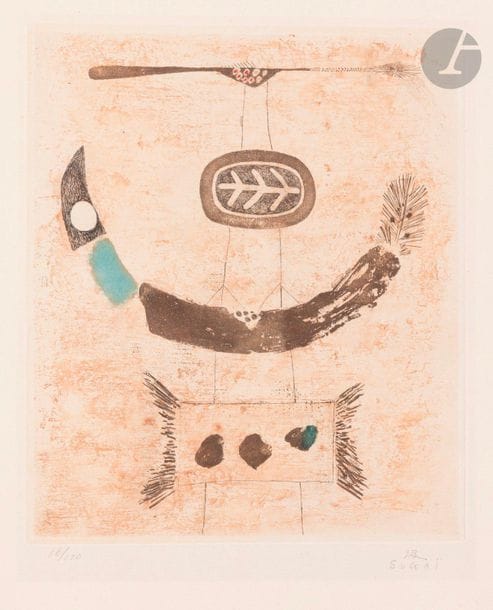 Kumi Sugaï (japonais, 1919-1996)
Souvenir d’Osaka, 1956
Eau-forte et aquatinte en couleurs. 
Épreuve sur vélin, numérotée et signée au crayon. Tirage à 120 épreuves. Timbre sec : L’œuvre gravée éd. 
Restes d’adhésif sur le pourtour au verso. 
56 x 45,5 cm.