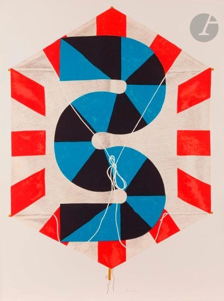 Kumi Sugaï (japonais, 1919-1996)
Le Cerf-volant, 1991
Lithographie en couleurs.
Très belle épreuve sur vélin fort, dédicacée « pour Georges » et signée au crayon. 
Infimes rousseurs dans l’angle inférieur gauche du feuillet. 
81 x 60 cm.