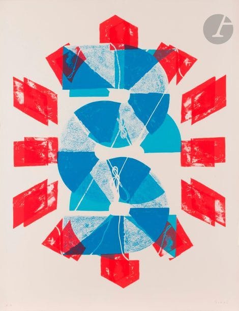 Kumi Sugaï (japonais, 1919-1996)
Le Cerf-volant B, 1991
Lithographie en couleurs.
Très belle épreuve sur vélin fort, justifiée « E. A » et signée au crayon. 
81,5 x 63 cm.