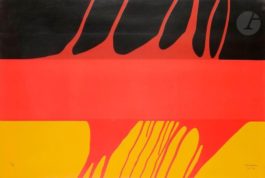Gérard Fromanger (né en 1939)
Allemagne (pl. de l’album « Le Rouge »), 1970
Sérigraphie en couleurs.
Épreuve sur vélin, numérotée, signée et datée « 14-2-70 ». Tirage à 90 épreuves. 
Quelques rousseurs éparses et traces claires d’oxydation. 
Montée sur toile elle-même tendue sur bois et protégée par un film de rhodoïd.
60 x 89 cm.
