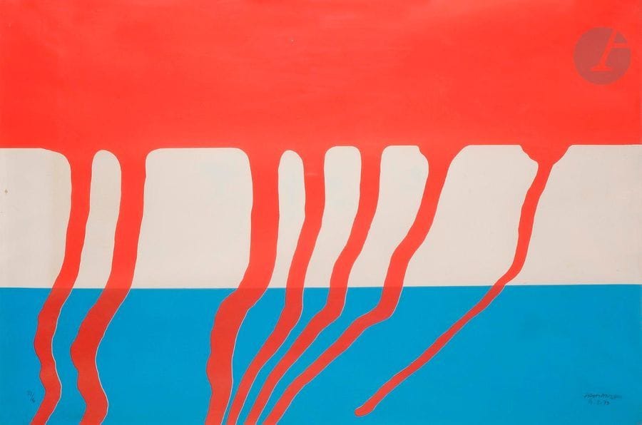 Gérard Fromanger (né en 1939)
Luxembourg (pl. de l’album « Le Rouge »), 1970
Sérigraphie en couleurs.
Épreuve sur vélin, numérotée, signée et datée « 14-2-70 » au crayon. Tirage à 90 épreuves. 
Quelques rousseurs éparses et traces claires d’oxydation. 
Montée sur toile elle-même tendue sur bois et protégée par un film de rhodoïd.
60 x 89 cm.