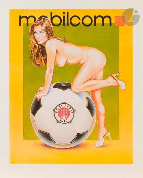 Mel Ramos (américain) (1935-2018) 
Mobilcom, FC St Pauli Senna (Femme nue de profil), 2003
Lithographie en couleurs. 
Épreuve sur vélin blanc fort, numérotée et signée au crayon. Tirage à 400 épreuves. 
66 x 53,2 cm. 