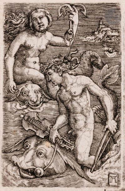 Albrecht Altdorfer (1480-1538)
Arion et Néréide. Vers 1520-1525. Burin. 41 x 61. Bartsch 39 ; Mielke (New Hollstein) E 46 ; Winzinger 165. Très belle et brillante épreuve. Filets de marges. Ex-coll. F. Quiring (Lugt 1041c). 