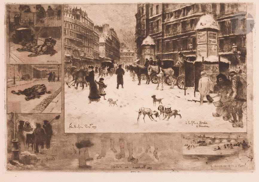 Félix Buhot (1847-1898)
L’Hiver à Paris ou La Neige à Paris. 1879. Eau-forte, pointe sèche, roulette et aquatinte. 350 x 240. Bourcard-Goodfriend 128. Très belle et brillante épreuve sur vergé filigrané « Van Gelder Zonen », avec la mention « L’Art » et le titre gravé, mais avant l’adresse de Salmon. Minuscules taches d’encre marginales. Toutes marges. 