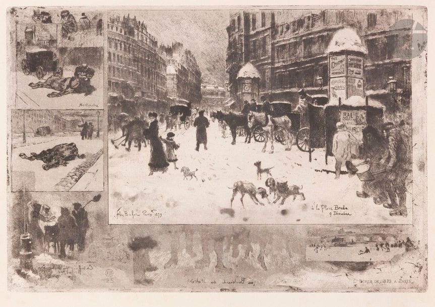 Félix Buhot (1847-1898)
L’Hiver à Paris ou La Neige à Paris. 1879. Eau-forte, pointe sèche, roulette et aquatinte. 350 x 240. Bourcard-Goodfriend 128. Belle épreuve sur vergé, du tirage de L’Art, soigneusement lavée, le coup de planche aplati. Petites amincissures visibles par transparence et courte déchirure habilement restaurée en pied. Très légère trace d’oxydation persistante autour du sujet. Toutes marges. 