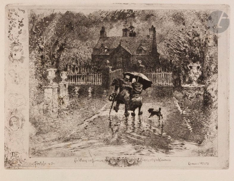 Félix Buhot (1847-1898)
Les Voisins de campagne. 1879-1880. Eau-forte et pointe sèche. 180 x 136. Bourcard-Goodfriend 148. Très belle épreuve sur vélin fort, du 4e état (sur 5), avant les croquis en marge droite du cuivre. Toutes marges. Joint : même estampe. Belle épreuve sur vergé essencé, de l’état définitif avec les croquis gravés en marge droite. Légère fracture sur le coup de planche inférieur (sommairement consolidée au verso). Courte déchirure au bord gauche. Belles marges. Ens. 2 p.
