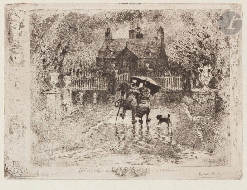 Félix Buhot (1847-1898)
Les Voisins de campagne. 1879-1880. Eau-forte et pointe sèche. 180 x 136. Bourcard-Goodfriend 148 (v/v). Très belle épreuve sur vergé ancien azuré, avec les croquis en marge droite. Petites auréoles claires d’humidité en pied du feuillet. Toutes marges. 