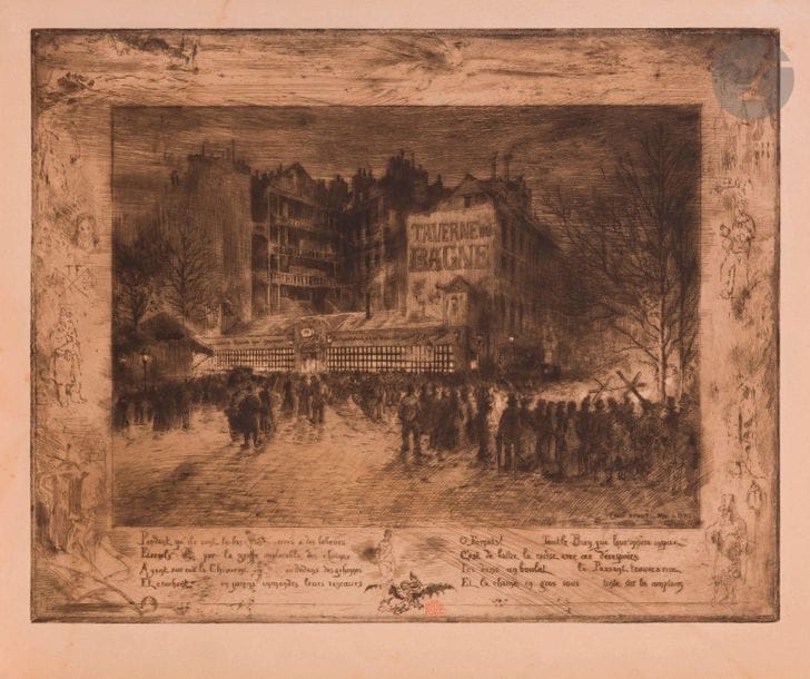 Félix Buhot (1847-1898)
La Place des Martyrs et la Taverne du Bagne. 1885. Eau-forte, pointe sèche et vernis mou. 449 x 340. Bourcard-Goodfriend 163. Très belle épreuve tirée en noir bistré sur vélin fort, timbrée (Lugt 977). Insolation du feuillet et petites traces d’oxydation marginales. Quelques plis cassés en marge droite. Petits trous et accrocs aux bords du feuillet. Belles marges.
 Maxime Lisbonne (1839-1905) est un personnage hors du commun de la butte Montmartre : il s’engagea jeune dans la marine, prit part à la guerre de Crimée, aux campagnes d’Italie et de Syrie. En 1870, durant les événements de la Commune, il fut nommé colonel dans la Garde Nationale et perdit une jambe en défendant les barricades. En 1872, les Versaillais le condamnèrent à la peine de mort, jugement qui fut commué en travaux forcés à perpétuité et lui valurent l’exil au bagne en Nouvelle-Calédonie. L’amnistie de 1880 lui permit de revenir à Paris. Oscillant entre diverses activités (théâtre, journalisme), il inaugura sa Taverne du Bagne au 2, boulevard de Clichy le 6 octobre 1885. Le pittoresque des lieux drainait les foules : les serveurs étaient en tenue de bagnard et traînaient un (faux) boulet au pied. Le cabaret diffusait sa Gazette du Bagne. Au bout de six mois, la concession accordée à Lisbonne par la Ville de Paris expira et il déplaça son établissement au 12, rue de Belleville. Il enchaîna ensuite les tentatives infructueuses. 