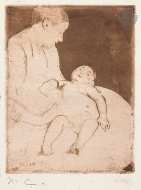Mary Cassatt (1844-1926)
Bill Lying on his Mother’s Lap. Vers 1889. Vernis mou et aquatinte. 135 x 178. Breeskin 101. Impression en brun. Très belle épreuve d’essai, tirée à l’effet sur vergé crème, d’un état intermédiaire entre le 4e et le 5e (sur 5) selon Breeskin, avec de nouveaux travaux dans les pieds du bébé et dans les cheveux de la mère, avant éclaircissement des fonds, signée des initiales au crayon. Petites taches d’encre autour du sujet. Toutes marges. 
Provenance :
Ambroise Vollard (1866-1939) puis H.-M. Petiet (1894-1980).