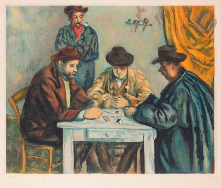 Paul Cézanne
(1839-1906) (d’après) 
Les Joueurs de cartes. 1928. Eau-forte et aquatinte par Villon. 598 x 485. Ginestet et Pouillon E 662. Impression en couleurs. Belle épreuve sur vélin fort, numérotée, annotée « d’après Cézanne » par le graveur et signée par lui au crayon. Légère oxydation du feuillet. Auréole claire d’humidité en marge gauche. Petite tache d’encre brune sous le sujet. Courte déchirure en tête. Toutes marges. Tirage à 200 épreuves. Bernheim-Jeune éd. (avec le timbre sec). 