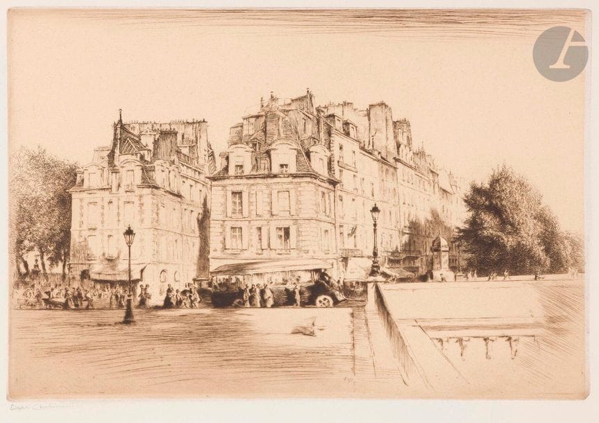 Edgar Chahine (1874-1947)
Les Maisons du Pont Neuf. 1931. Eau-forte et pointe sèche. 375 x 250. Tabanelli 418. Très belle épreuve sur bulle appliqué, signée au crayon. Court pli dans l’angle inférieur droit. Toutes marges. Tirage à 100 épreuves.