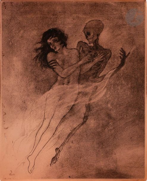 Édouard Chimot (1880-1958)
La Mort et la jeune fille. Vers 1920. Illustration pour un ouvrage. Cuivre héliogravé repris à l’eau-forte. 177 x 218. Biseauté, les angles arrondis.