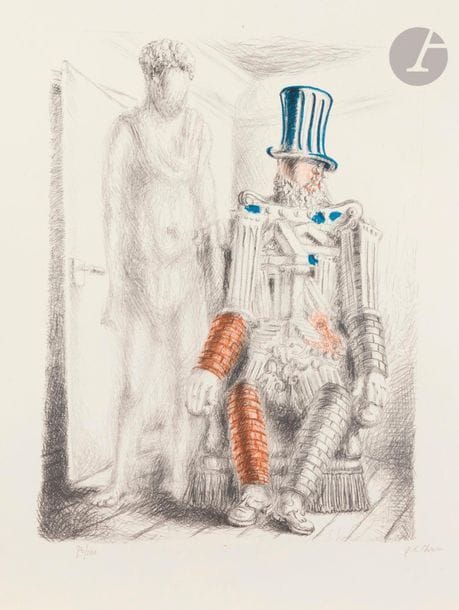 Giorgio de Chirico (1888-1978)
Le Retour du fils prodigue I. (Pl. de la suite Métamorphoses). 1929. Lithographie. 310 x 415. Ciranna 11. Impression en couleurs. Très belle et fraîche épreuve sur vélin, numérotée et signée au crayon. Toutes marges non ébarbées. Tirage à 100 épreuves. Éd. des Quatre Chemins.