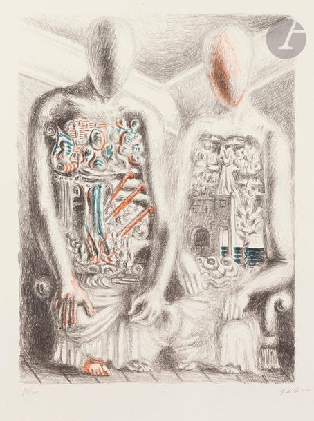 Giorgio de Chirico (1888-1978)
Les Archéologues IV. (Pl. de la suite Métamorphoses). 1929. Lithographie. 301 x 403. Ciranna 16. Impression en couleurs. Très belle épreuve sur vélin, numérotée et signée au crayon. Fine bande d’oxydation le long du bord inférieur. Toutes marges non ébarbées. Tirage à 100 épreuves. Éd. des Quatre Chemins.