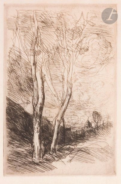 Jean Baptiste Camille Corot (1796-1875)
Le Dôme florentin. Vers 1869-1870. Eau-forte. 158 x 238. Delteil 13. Très belle épreuve sur japon vergé mince, tirée sans la lettre, antérieure au tirage effectué en 1910 pour les exemplaires de tête de l’ouvrage de Delteil, tome V du Peintre-graveur illustré consacré à Corot. Toutes marges. 