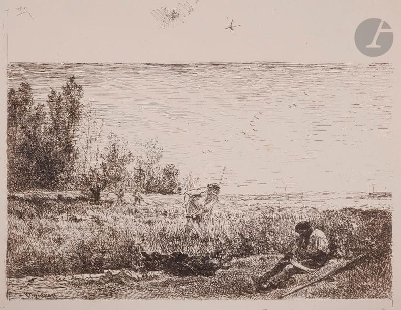 Charles-François Daubigny (1817-1878)
La Fenaison. 1862. Cliché-verre. [362 x 285]. Delteil 142. Très belle épreuve sur vélin, du tirage à 150 épreuves effectué par M. Le Garrec en 1921 pour l’Album de 40 clichés-verres, avec son timbre (Lugt 166a) et la numérotation au crayon au verso. Toutes marges.