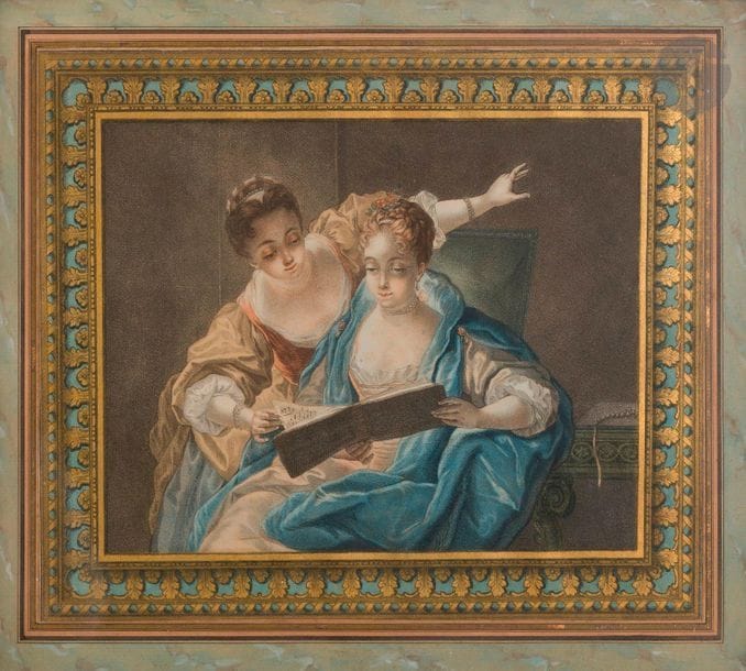 Louis-Marin Bonnet (1736-1795)
The Fine Musetioners. 1775. Gravure aux outils en manière de pastel d’après Raoux. 347 x 275. Herold 300. Impression en couleurs et à l’encre bronze doré. Superbe épreuve avec le cadre ornemental gravé, rognée à l’extérieur de celui-ci, sans la tablette. Cadre. 
 Le titre et l’adresse de diffusion à Londres – ici manquants car rognés – étaient probablement un subterfuge pour contourner les limitations corporatives françaises relatives à l’utilisation de l’or, ainsi qu’une astuce commerciale misant sur l’engouement pour la gravure anglaise que connaissait Paris à l’époque.
« Cette imitation du Pastel entier, avec toutes ses teintes claires et obscures, fait illusion et ne le cède pas aux tableaux pour la fraîcheur, ni pour la vivacité des couleurs. » (Mercure de France, juillet 1769).