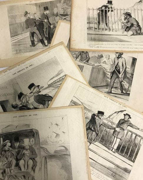 Honoré Daumier (1808-1879)
Les Chemins de fer, pl. 1 à 16. 1843. Lithographie. Chaque [380 x 260]. Delteil 1043 à 1058. Bonnes épreuves en tirage du Charivari, la plupart collées par les angles sur feuillets de vélin. Rousseurs et menus accidents. Le titre et/ou la lettre rognés à certaines. Ens. 16 p. 