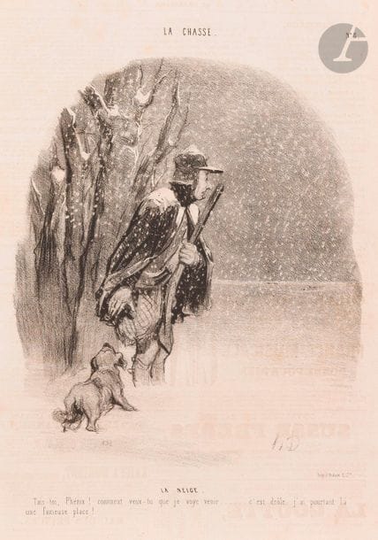 Honoré Daumier (1808-1879)
La Chasse, pl. 1 à 3 et 6 à 12. 1845. Lithographie. Chaque [250 x 360]. Delteil 1072 à 1074 et 1077 à 1083. Bonnes épreuves en tirage du Charivari. Rousseurs et oxydation des feuillets. Quelques courtes déchirures. Le bord gauche légèrement déchiqueté. Ens. 10 p.