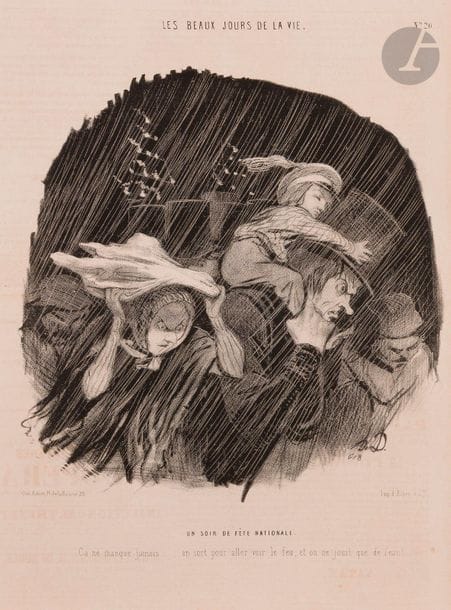 Honoré Daumier (1808-1879)
Les Beaux jours de la vie, pl. 1 à 50. 1843-1845. Lithographie. Chaque [255 x 370]. Delteil 1088 à 1137. Bonnes épreuves en tirage du Charivari. Rousseurs et petites auréoles rousses éparses. Bords légèrement déchiquetés, courtes déchirures et petits manques à certaines. Longue déchirure à la pl. 41. Ens. 50 p.