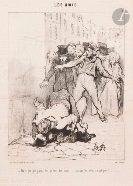 Honoré Daumier (1808-1879
)Les Amis, pl. 1 to 9. 1845. Lithography. Each [250 x 370]. Delteil 1379 to 1388. Good proofs in print of the Charivari. Freckles and slight oxidation. Some short tears. Set of 9 p.
