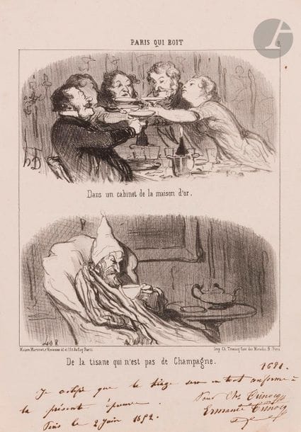 Honoré Daumier (1808-1879)
Paris qui boit, pl. 1 à 7 (sans la pl. 4 qui n’existe pas). 1852. Lithographie. Chaque [258 x 355]. Delteil 2307 à 2312. Très belles épreuves, les 5 premières sur vélin mince, revêtues en pied du certificat de tirage à la plume et à l’encre sépia signé et daté par Trinocq, la dernière sur vélin blanc. Certains angles abattus ou arrachés. Fortes rousseurs et oxydation à 2 pl. Ens. 6 p. 