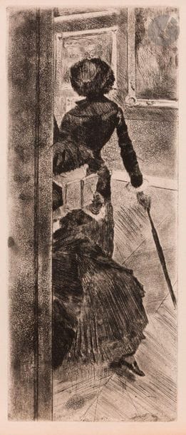 Edgar Degas (1834-1917
)At the Louvre: painting (Mary Cassatt). Around 1876. Etching, drypoint and aquatint. 128 x 305. Delteil 29; Reed-Shapiro 52. Very nice proof on highly textured vellum, from the biffé copper print made for Ambroise Vollard (1918). Fine oxidation at the edges of the sheet. All margins.
