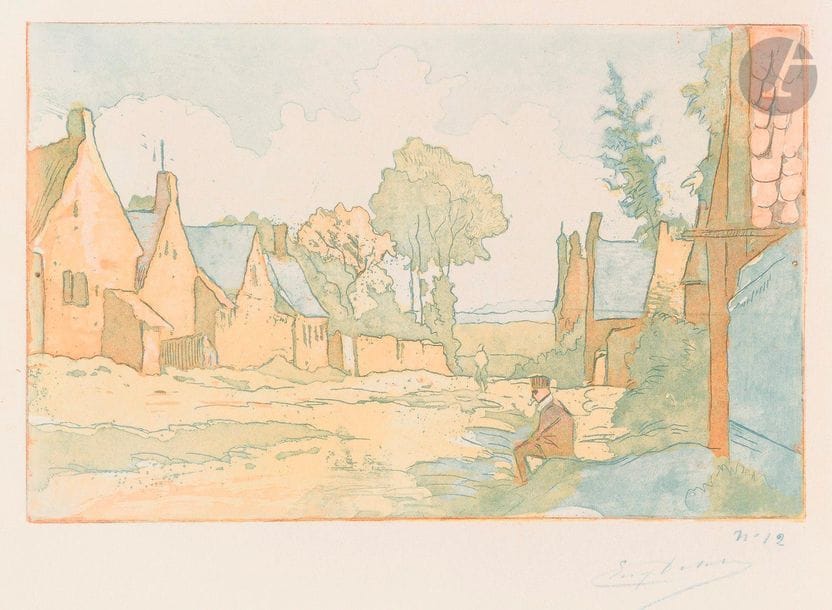 Eugène Delâtre (1864-1938)
Village de Bévillers. Vers 1910. Eau-forte et aquatinte. 226 x 140. Impression en couleurs. Très belle et fraîche épreuve sur vélin fort, numérotée et signée au crayon bleu. Petit enfoncement sous la signature. Infime déchirure au bord droit. Toutes marges. Joint : Moulin de la Galette. Eau-forte. 82 x 130. Belle épreuve sur vélin, signée au crayon. Empoussiérage et oxydation aux bords du feuillet. Toutes marges. Ens. 2 p.