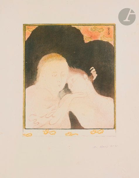 Maurice Denis (1870-1943)
Tendresse, ou Madeleine. 1893. Lithographie. 251 x 301. Cailler 70. Impression en couleurs. Très belle et fraîche épreuve sur vélin, signée et numérotée à la plume et à l’encre violette. Trace de colle dans l’angle supérieur droit au verso. Toutes marges. Tirage à 100 épreuves pour L’Estampe originale (timbre sec : Lugt 819). Ex-coll. A. Mellerio (Lugt 153a). 