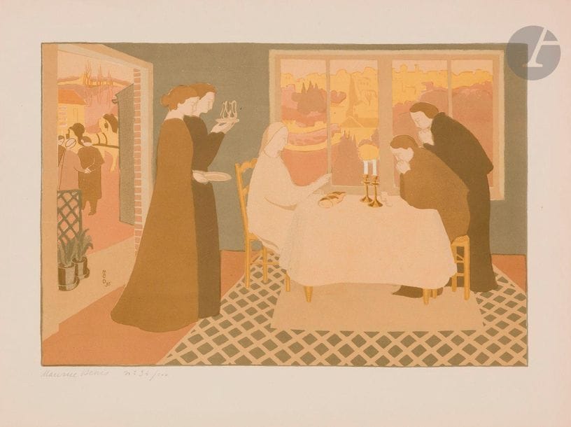 Maurice Denis (1870-1943)
Les Pèlerins d’Emmaüs. 1895. Lithographie. 461 x 308. Cailler 84. Impression en couleurs. Très belle et fraîche épreuve sur vélin glacé ivoire, signée et numérotée au crayon. Toutes marges. Tirage à 100 épreuves. A. Vollard éd.