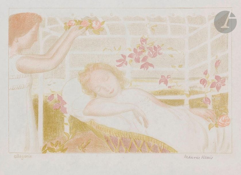Maurice Denis (1870-1943)
Allégorie. (Suite Amour, pl. 1). 1892-1899. Lithographie. 411 x 269. Cailler 108 ; Johnson 32-1. Impression en couleurs. Parfaite épreuve sur vélin blanc mince, signée au crayon. Toutes marges. Tirage à 100 épreuves. A. Vollard éd.